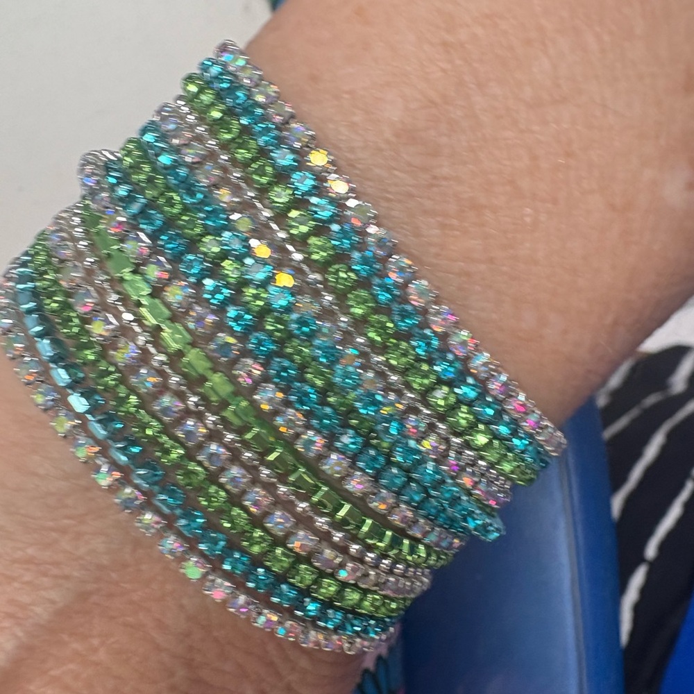 Elegant Green and Blue Crystal Bracelet 15 strand, 30 mm wide.